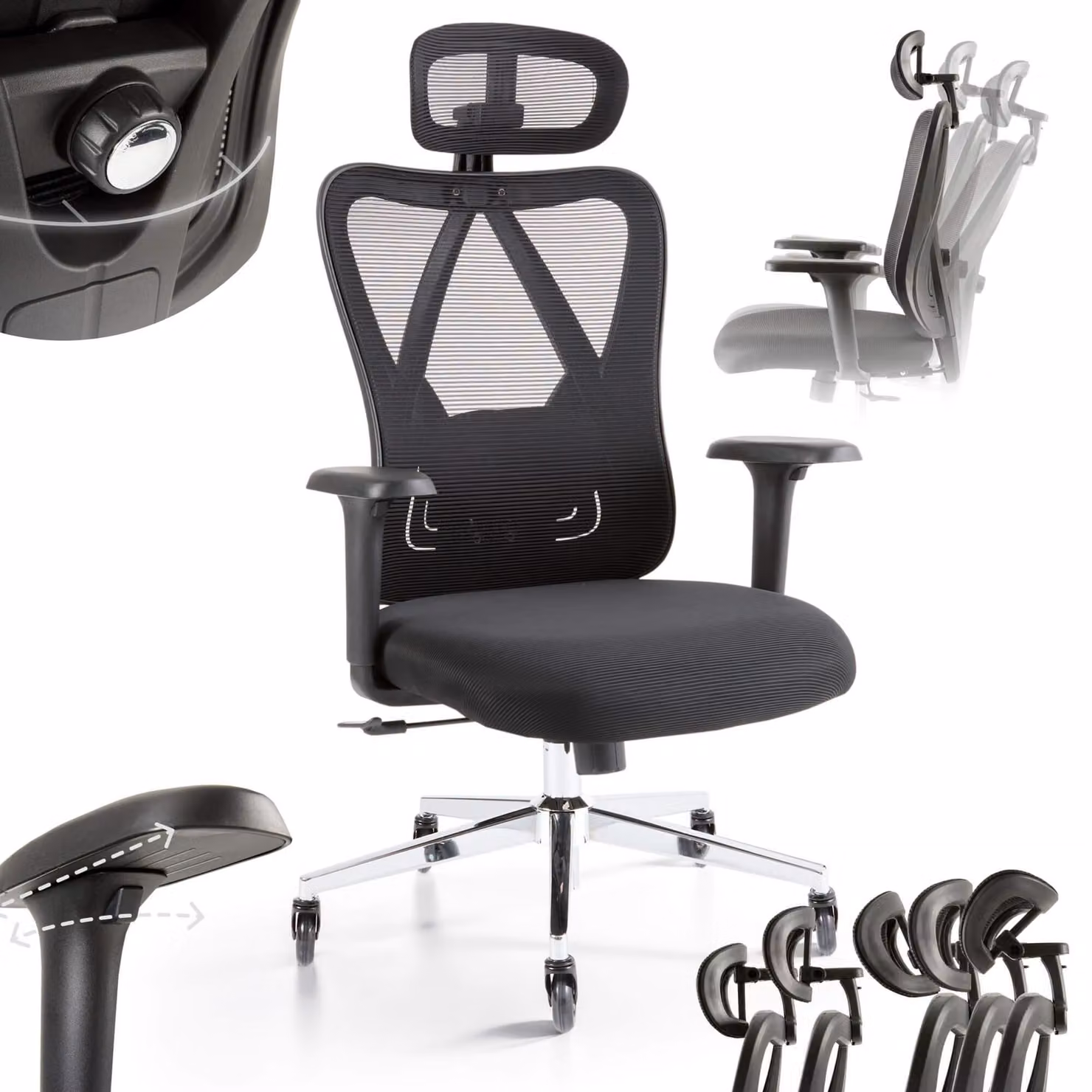 Sedia da ufficio ergonomica AREBOS | Poggiatesta e braccioli regolabili, 136 kg