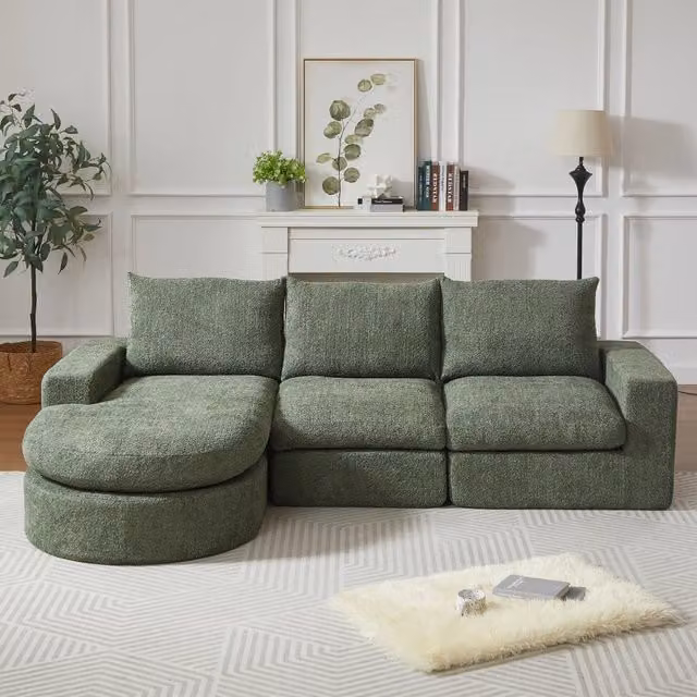 Divano angolare modulare in ciniglia con chaise longue reversibile, cuscini per il collo e verde 251 × 160 × 81 cm
