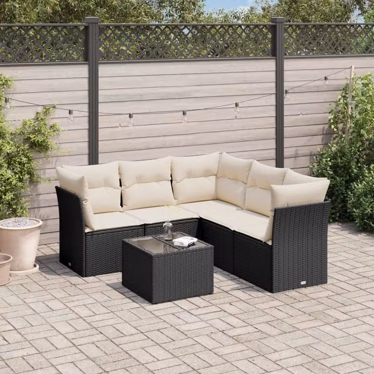 Set Divano da Giardino vidaXL 6 pz in Polyrattan Nero con Cuscini e Tavolino