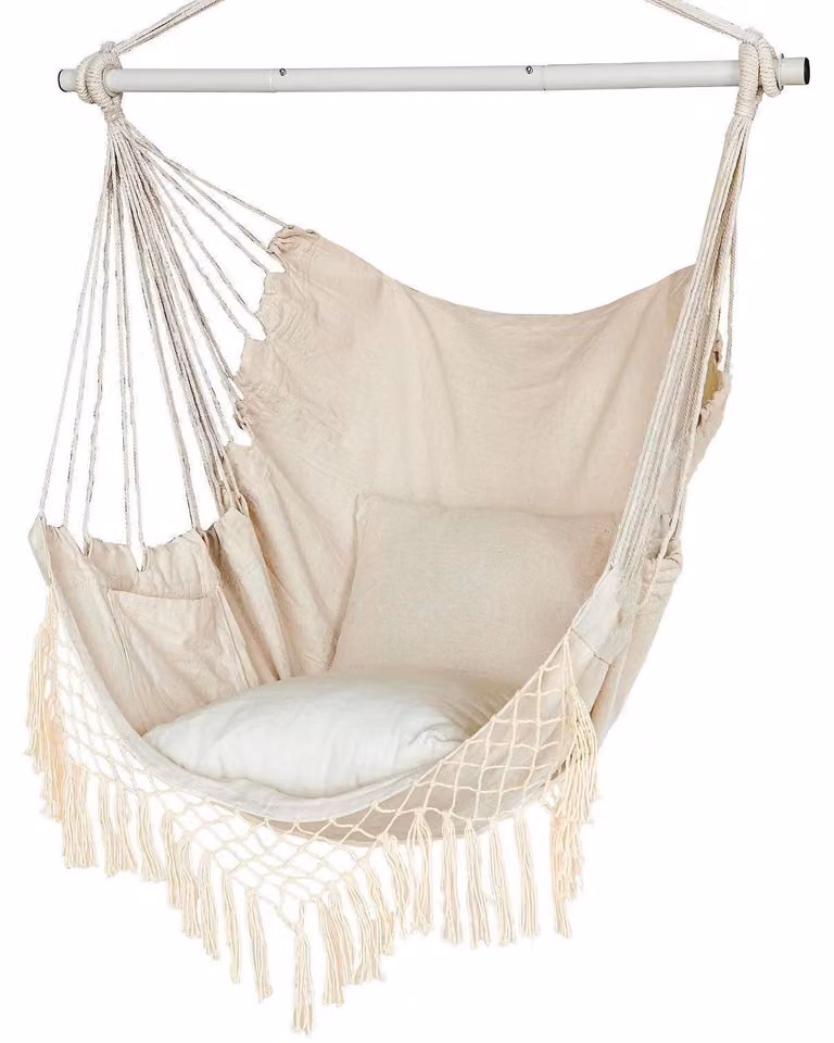 Sedia a dondolo sospesa, adatta sia per interni che per esterni, con 2 cuscini, portata massima 150 kg, color beige