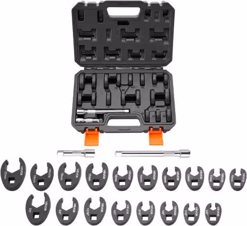 Set di 20 chiavi a zampa di gallina VEVOR per auto con attacco da 3/8 pollici, misure metriche e SAE in acciaio legato 40Cr, colori nero e argento con custodia inclusa