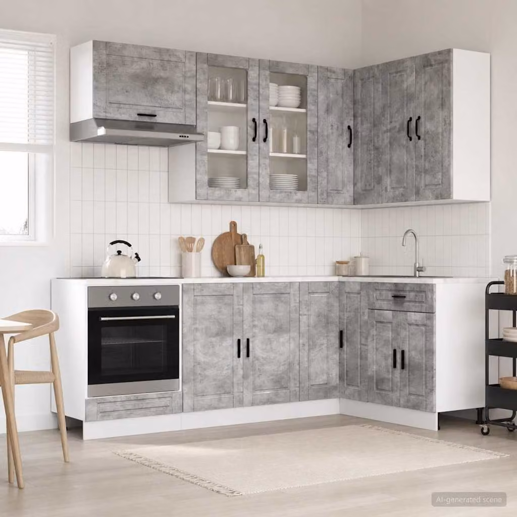 Unità cucina moderna vidaXL PORTO composta da 8 pezzi in grigio cemento con ante in vetro e ripiani aperti in legno ingegnerizzato e MDF