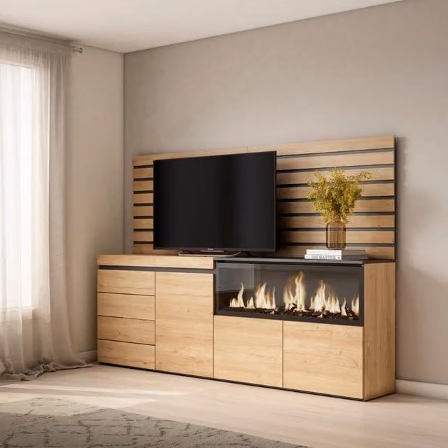 Credenza con Camino Elettrico XXL e Cassettiera SKRAUT HOME, Colore Rovere, L: 214 cm, P: 35 cm, H: 145 cm – 1