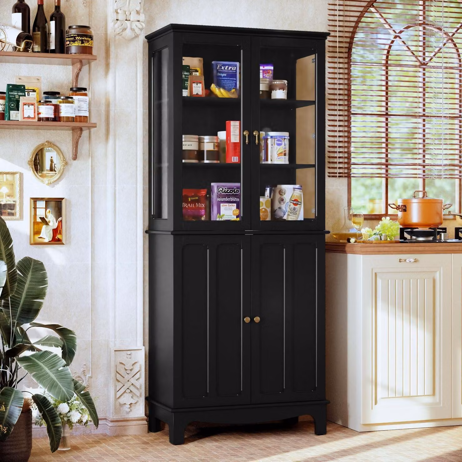 Mobiletto da cucina con porta in vetro, vetrina, 4 ripiani in vetro, ripiani regolabili, colore nero