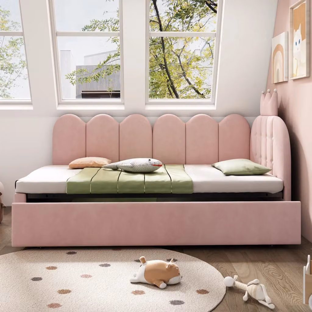 Letto divano Tynqer in velluto rosa con letto estraibile per adulti, L/P/H: 90 x 200 x 95 cm – 2