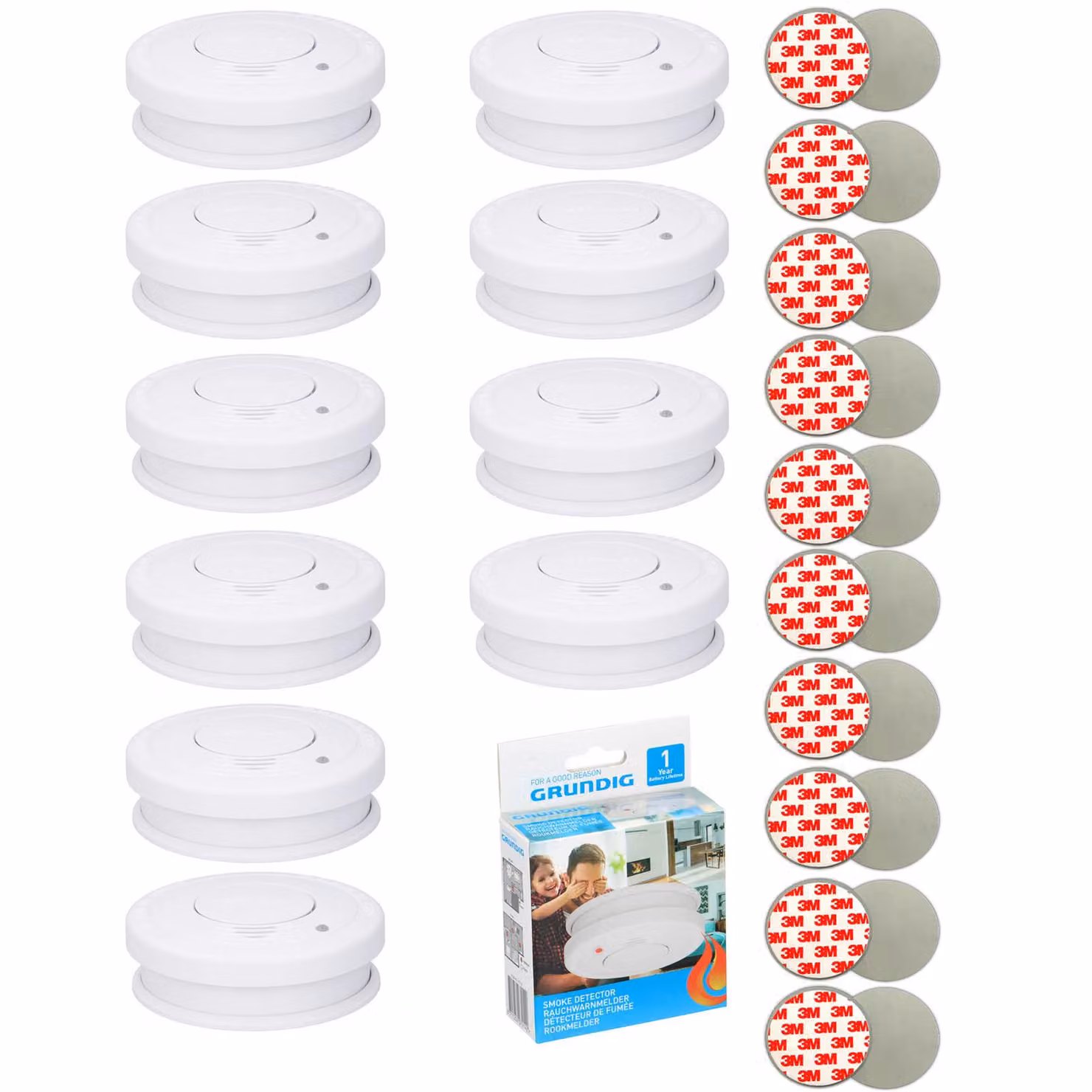 Set di 10 rilevatori di fumo da 85 dB con batteria da 9 V inclusa + set di adesivi 3M