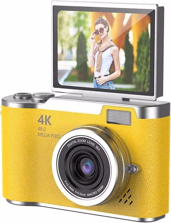 Fotocamera digitale compatta con schermo touchscreen HD da 2,4 pollici, zoom digitale 8x, flash LED, 32 GB di memoria, colore giallo, 48 MP, 1080p HD