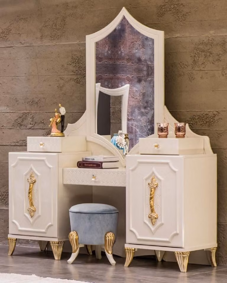 Casa Padrino - Comodino barocco con specchio bianco/oro - Consolle per il trucco barocca - Mobili per la camera da letto in stile barocco - Nobile & Magnifico