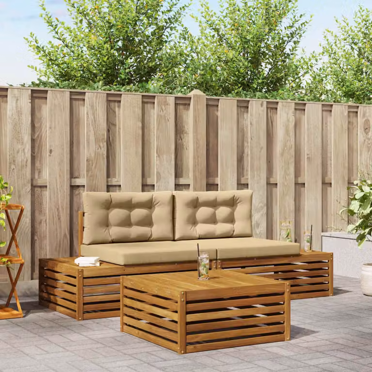 Set da giardino vidaXL composto da 2 divani a 2 posti, 2 poltrone e un tavolino da caffè in legno di acacia trattato, colore beige e marrone