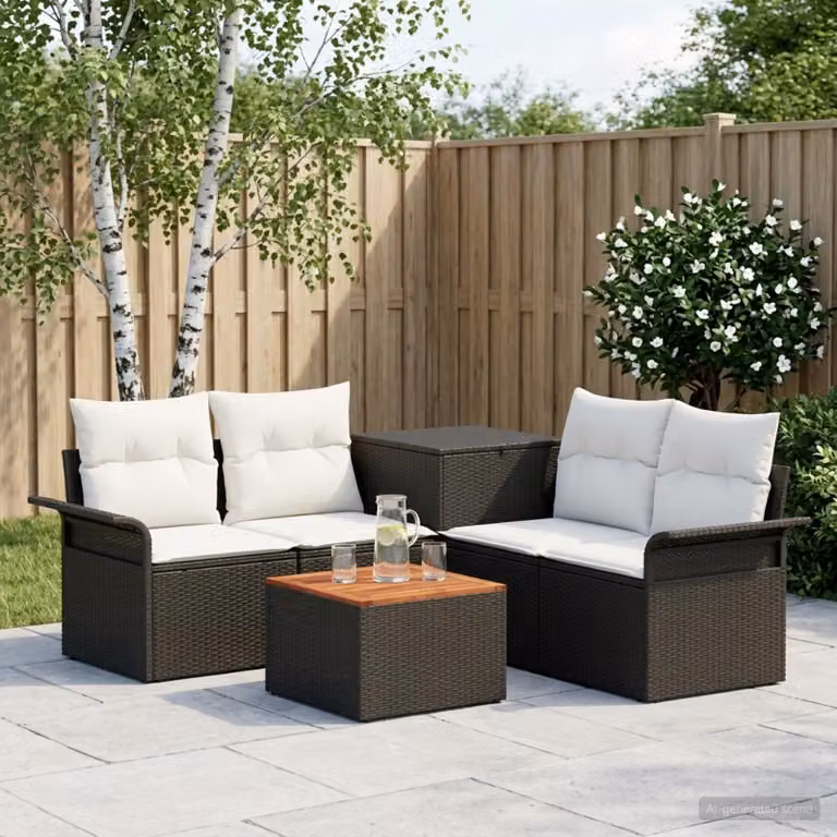 Set di divani da giardino vidaXL composto da 6 pezzi con struttura in acciaio e tessuto nero e bianco crema per esterno