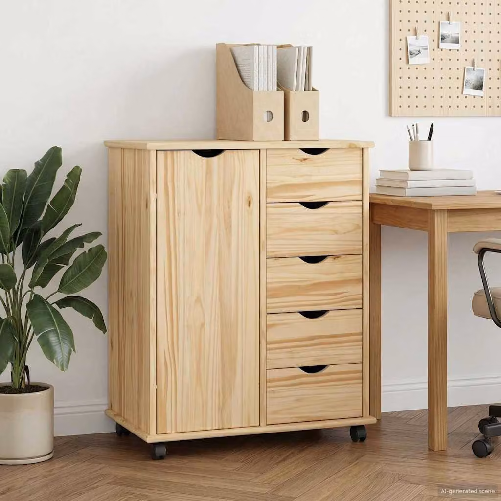 Mobile con ruote vidaXL in legno di pino massello con ante e cassetti, marrone/beige, L: 63,5 cm, P: 39 cm, H: 79 cm