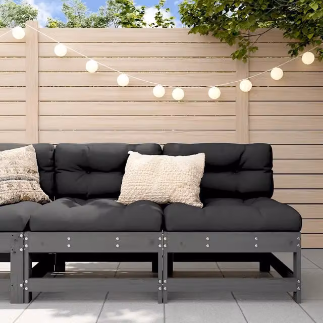 Set di 2 divani da giardino vidaXL in legno massello di pino grigio e nero con cuscini in stile rustico – 1