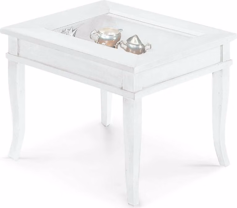 Milani Home - tavolino da salotto bacheca 60 x 60 cm, bianco, legno massello e vetro