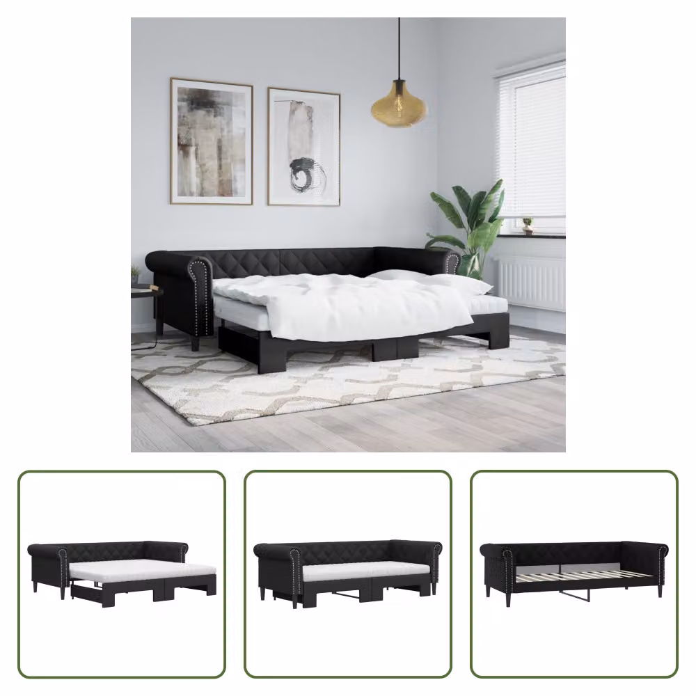 The Living Store Letto da giorno allungabile con materassi nero 90x200 cm in ecopelle