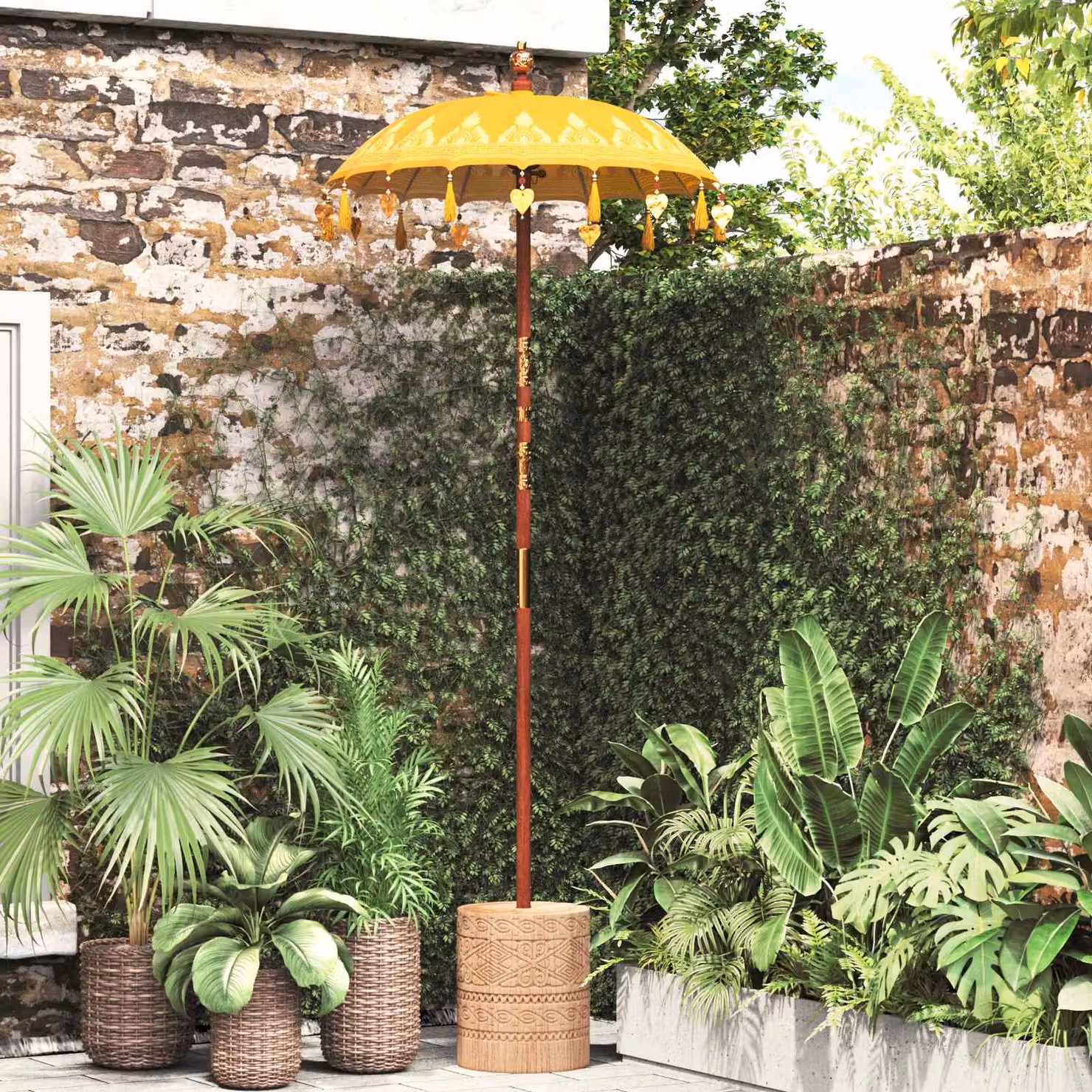 Ombrello balinese con base vidaXL, Giallo, L 95 x P 95 x H 260 cm