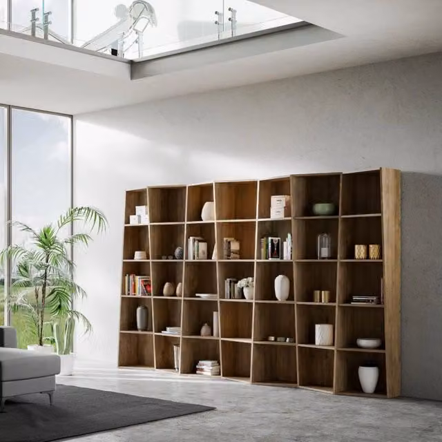 Libreria Trek Itamoby con 7 elementi in colore noce, design moderno per soggiorno o ufficio, L: 200 cm, H: 317 cm, P: 35 cm