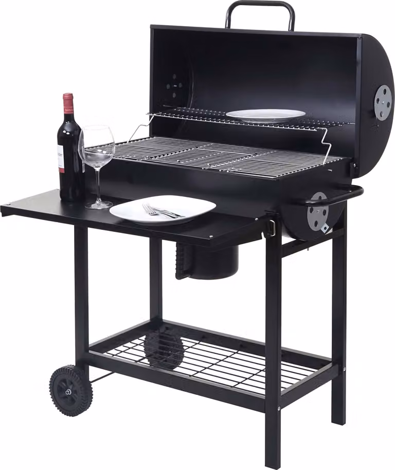Carrello barbecue MCW-F70, barbecue a carbonella da giardino con coperchio e ripiano, in acciaio, 103x93x70 cm, nero