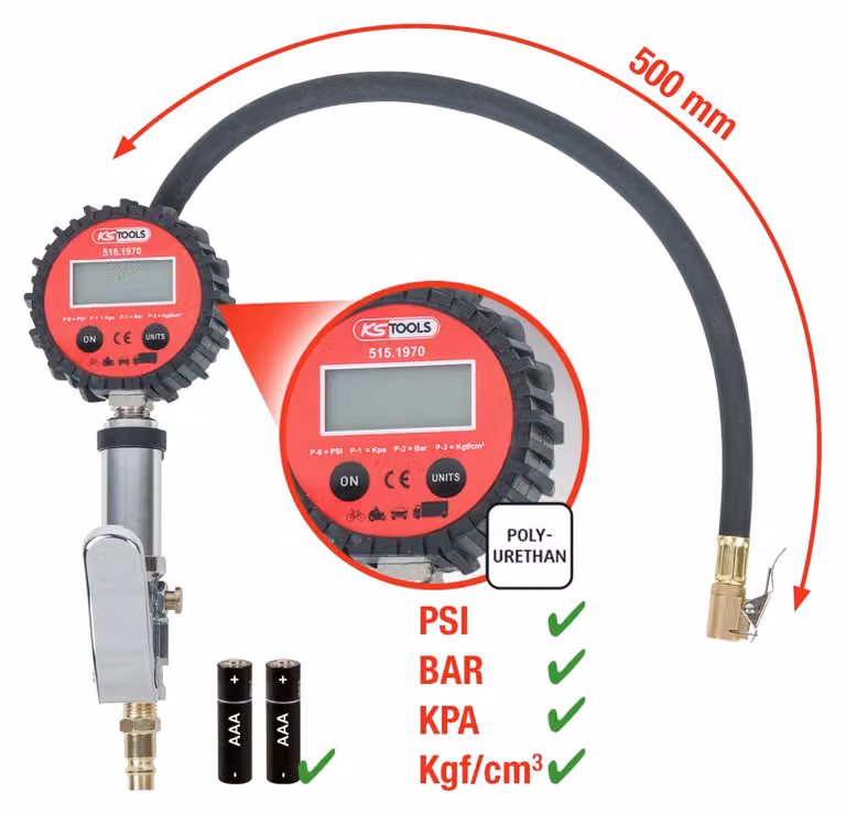 KS Tools Misuratore digitale di gonfiaggio pneumatici ad aria compressa, 0-14bar