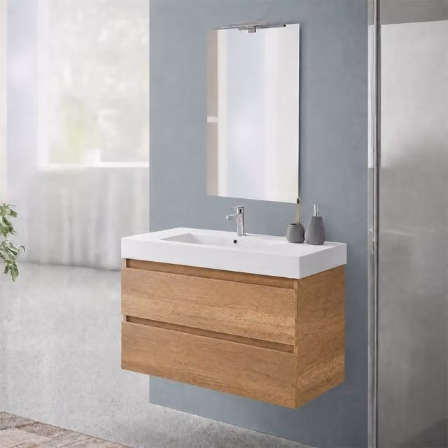 Mobile bagno sospeso 100 cm in rovere naturale con due cassetti e lavabo in resina Nadia