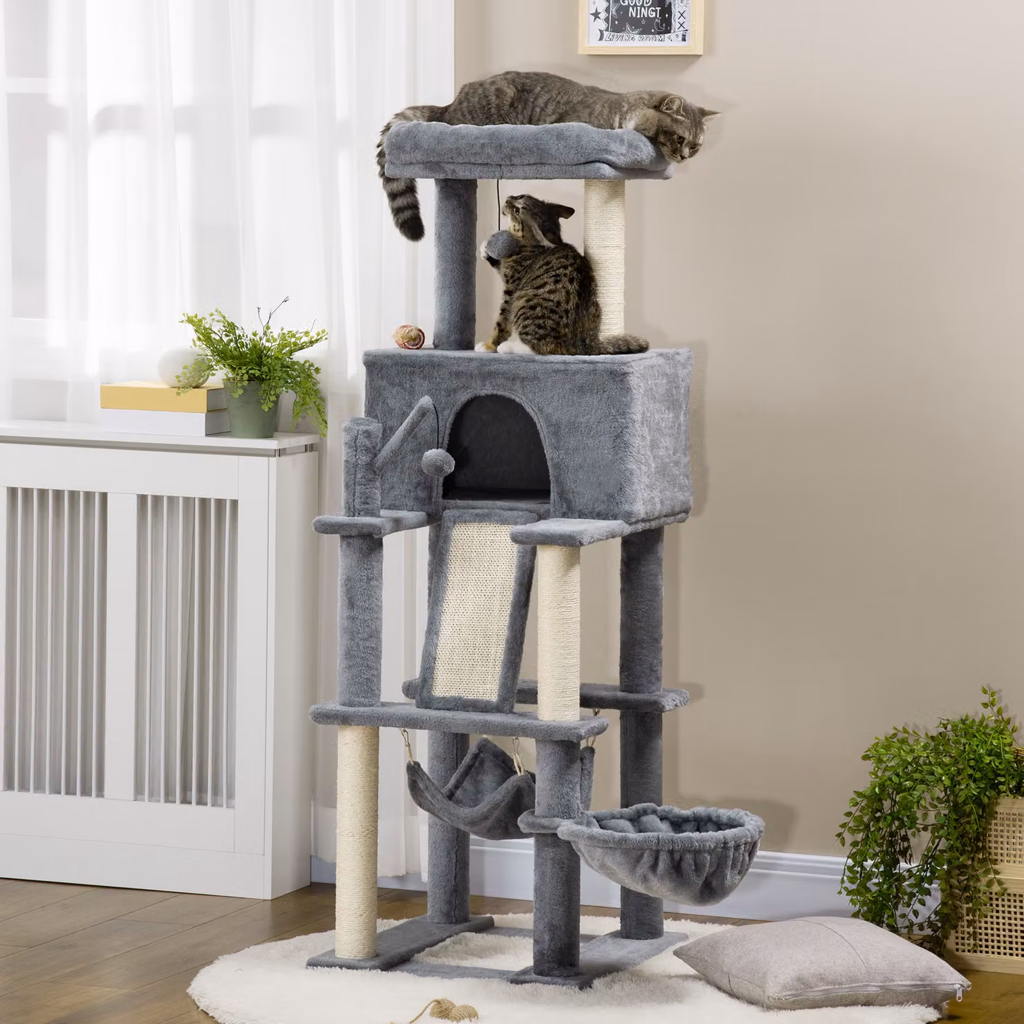 Albero Tiragraffi per Gatti PawHut con Pali in Sisal, Casetta, Amaca e Giochi Integrati, Grigio, L 48 x P 48 x H 140 cm – 2