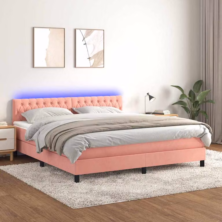 Letto a Molle con Materasso e LED vidaXL in Velluto Rosa, L/P/H: 180 x 200 x 203 cm