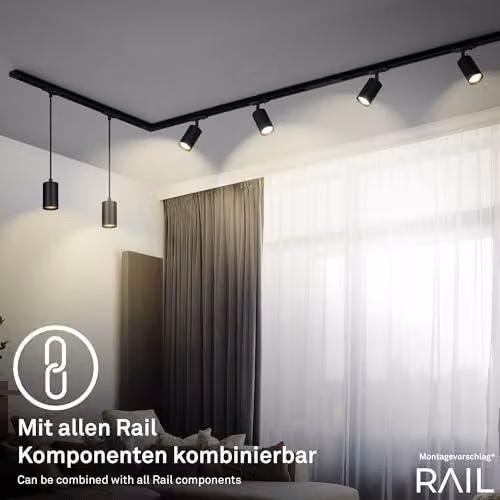 - Kit completo di sistema a binari, 4 faretti LED dimmerabili, orientabili, lampade, sistema di binari a soffitto, faretti a binario, lampada da soffitto, plafoniera, faretto, 1,5 metri, nero