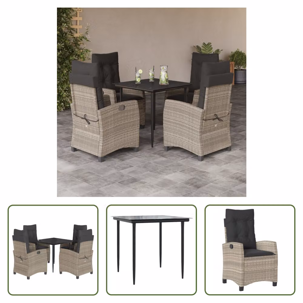 The Living Store Set da pranzo da giardino 5 pezzi con cuscini in rattan grigio chiaro