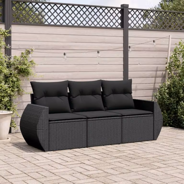 Set di Divani da Giardino vidaXL 3 Pezzi in Polyrattan Nero con Cuscini e Struttura in Acciaio