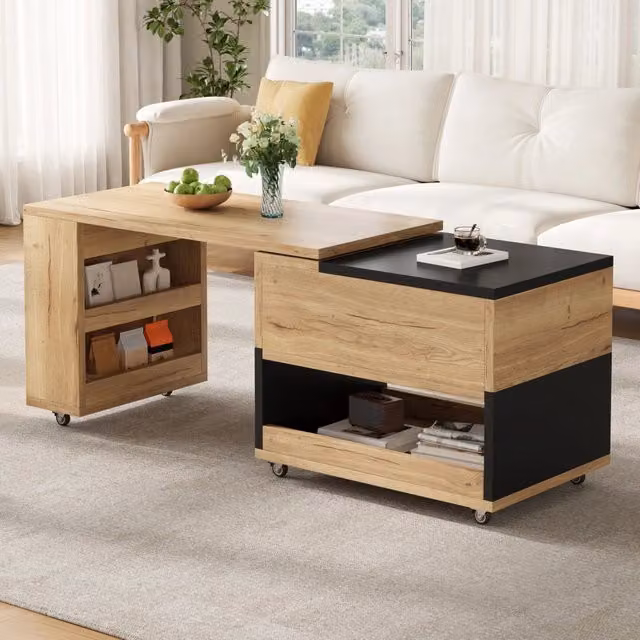 Tavolino da salotto elevabile con ripiani e vano girevole a 360°, per soggiorno, naturale e nero, 161,5 × 46 × 67 cm