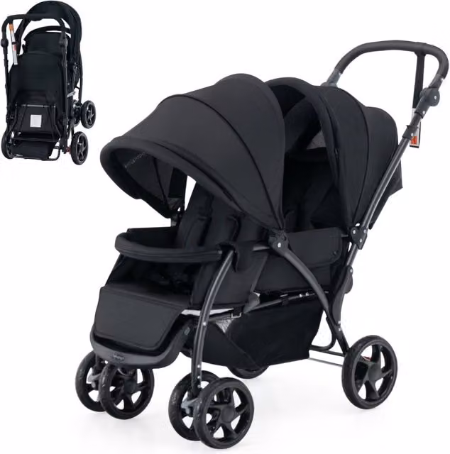 Passeggino doppio pieghevole Design Mania con seduta in tandem e tettuccio, Nero – 1