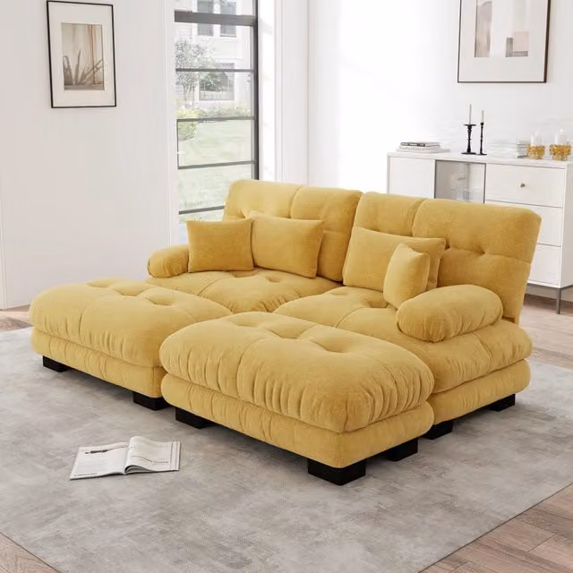 Divano modulare con seduta profonda e pouf mobili in ciniglia giallo