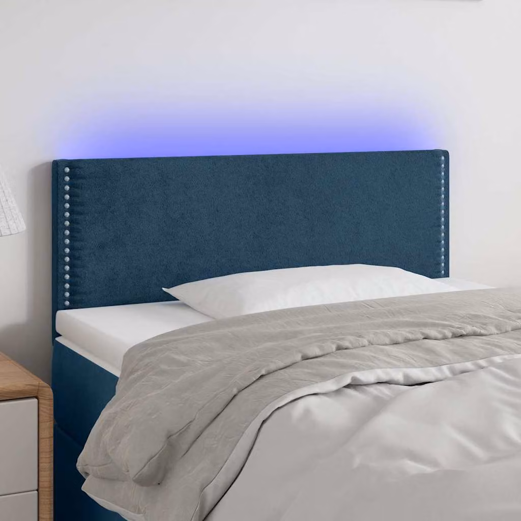 Testiera per letto vidaXL in velluto blu scuro con illuminazione LED e porta di ricarica USB, L 100 cm, P 5 cm, H 78-88 cm