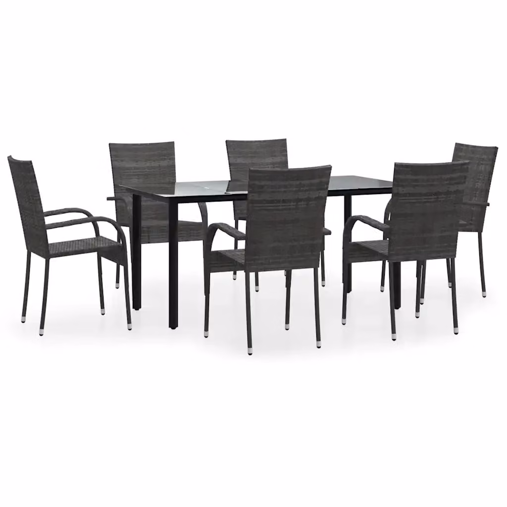 Set da pranzo da giardino moderno vidaXL in polyrattan e vetro, 7 pezzi, Grigio e Nero – 2