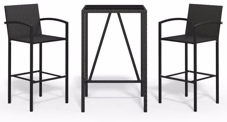 Set da giardino composto da tre elementi, in rattan sintetico nero