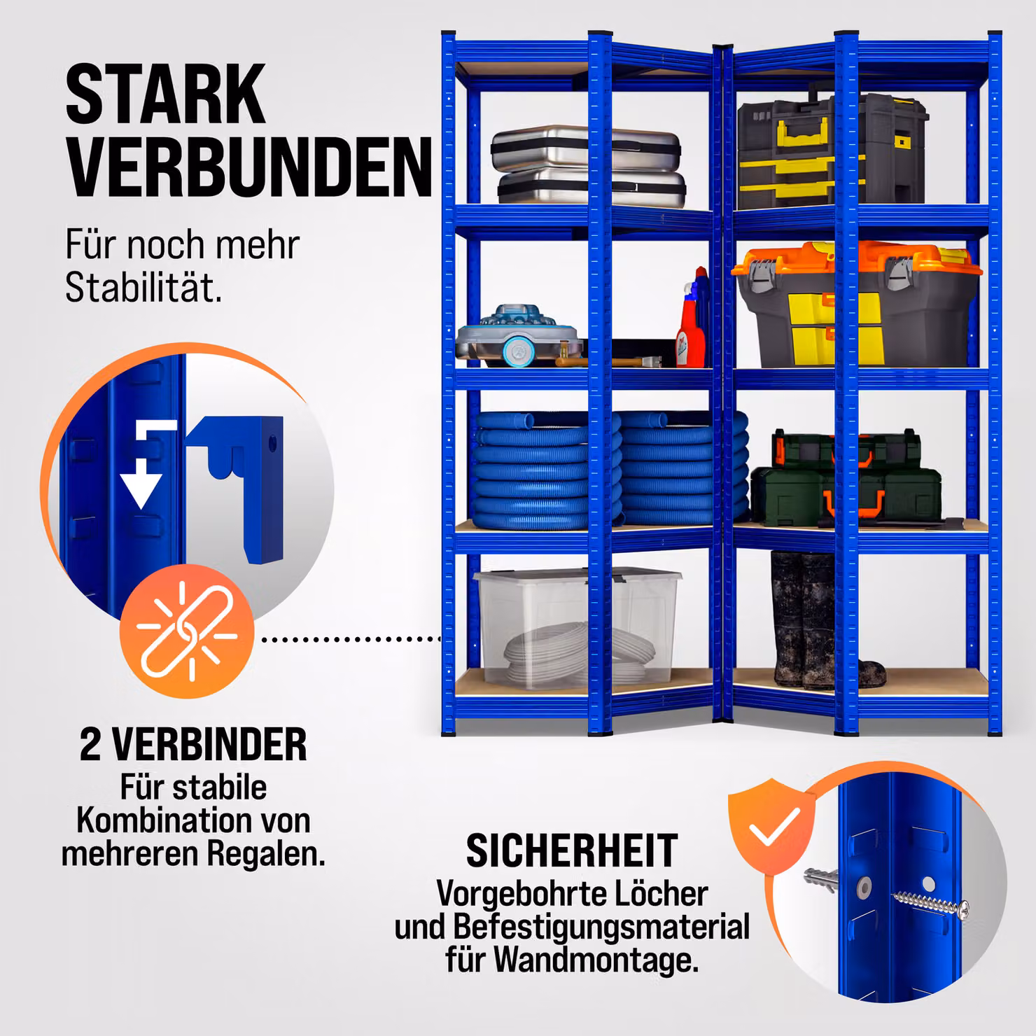 Scaffalatura pesante MONZANA blu in metallo e mdf con ripiani regolabili L/P/H: 180 x 70 x 40 cm – 4