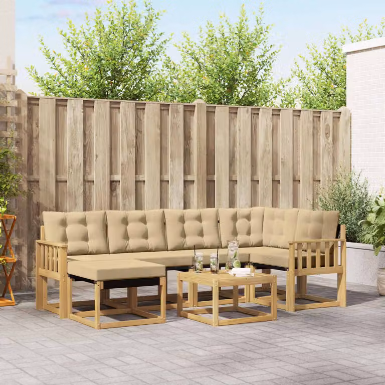 Set di divani da esterno vidaXL 7 pz in legno di acacia con cuscini bianco e beige