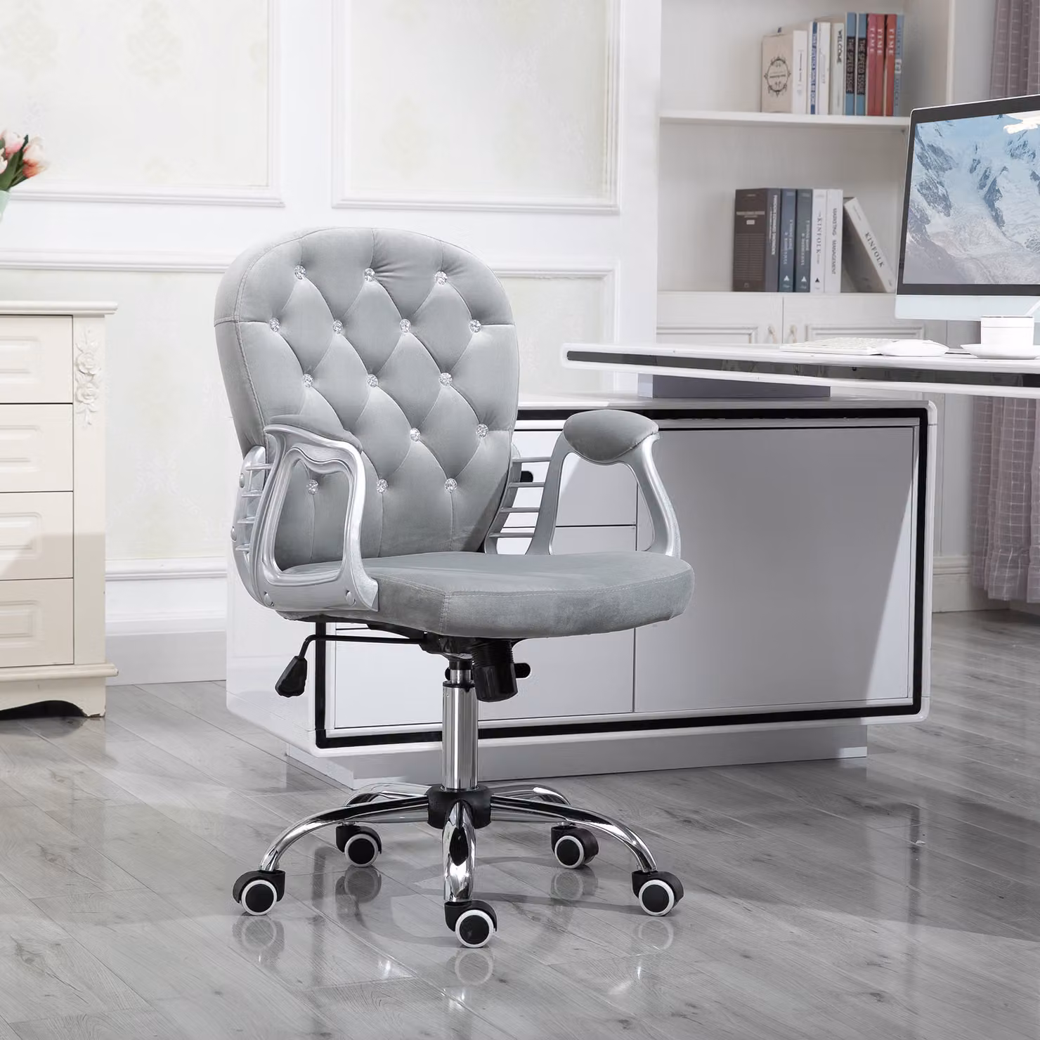 Sedia da ufficio HOMCOM moderna con ruote girevoli e braccioli, Grigia, L: 60 cm, P: 61 cm, H: 95-105 cm – 2