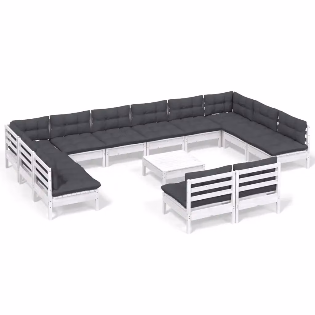 Set di Divani da Giardino vidaXL a Forma a U in Legno di Pino con Cuscini Bianchi e Antracite, 13 Pezzi – 2