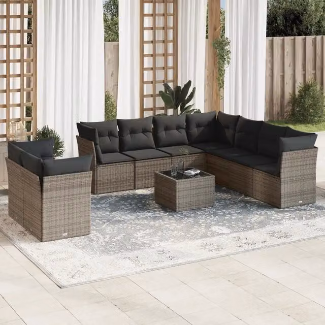 Set Divano da Giardino Moderno VIDAXL in Polyrattan Grigio con 10 Pezzi e Cuscini