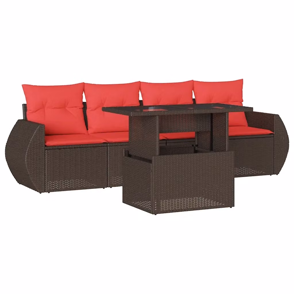 Set di divani da giardino vidaXL composto da 5 pezzi con cuscini marroni in polyrattan e struttura in metallo per esterno – 2