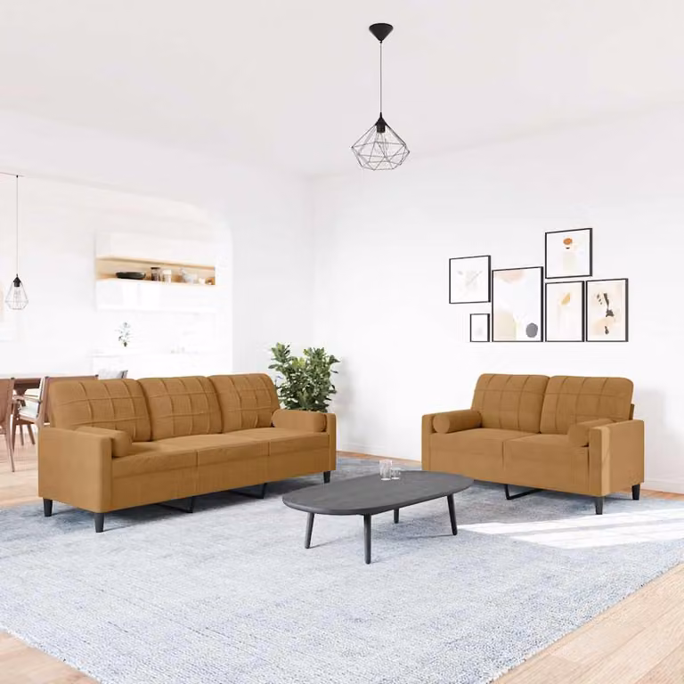 Set di 2 Divani Moderni vidaXL in Velluto Marrone con Cuscini e Struttura in Metallo