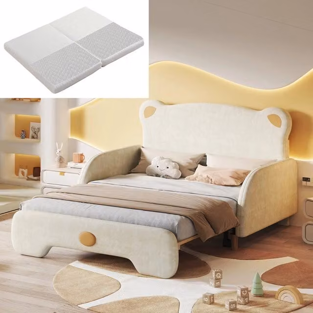 Letto a forma di orso per bambini ¨C Minimal ¨C Beige velluto, 140x200cm, con materasso, rete a doghe, bordi protettivi