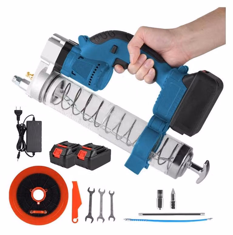 Pistola per grasso elettrica, alta pressione, motore brushless, con 2 batterie, omologazione UE