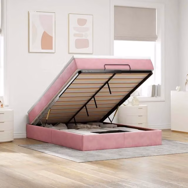 Letto con contenitore a sollevamento e materasso vidaXL in velluto rosa e bianco L/P: 140 x 200 cm