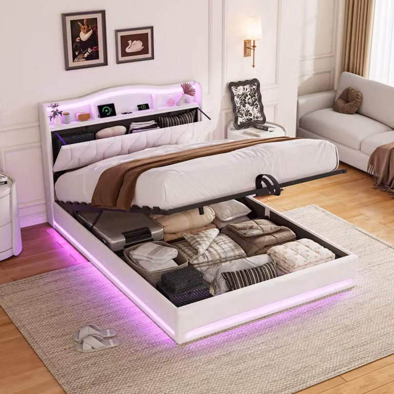 Struttura letto Moonbite RGB LED 140x200 cm in velluto, sistema idraulico con stazione di ricarica USB e testiera con vano portaoggetti, beige