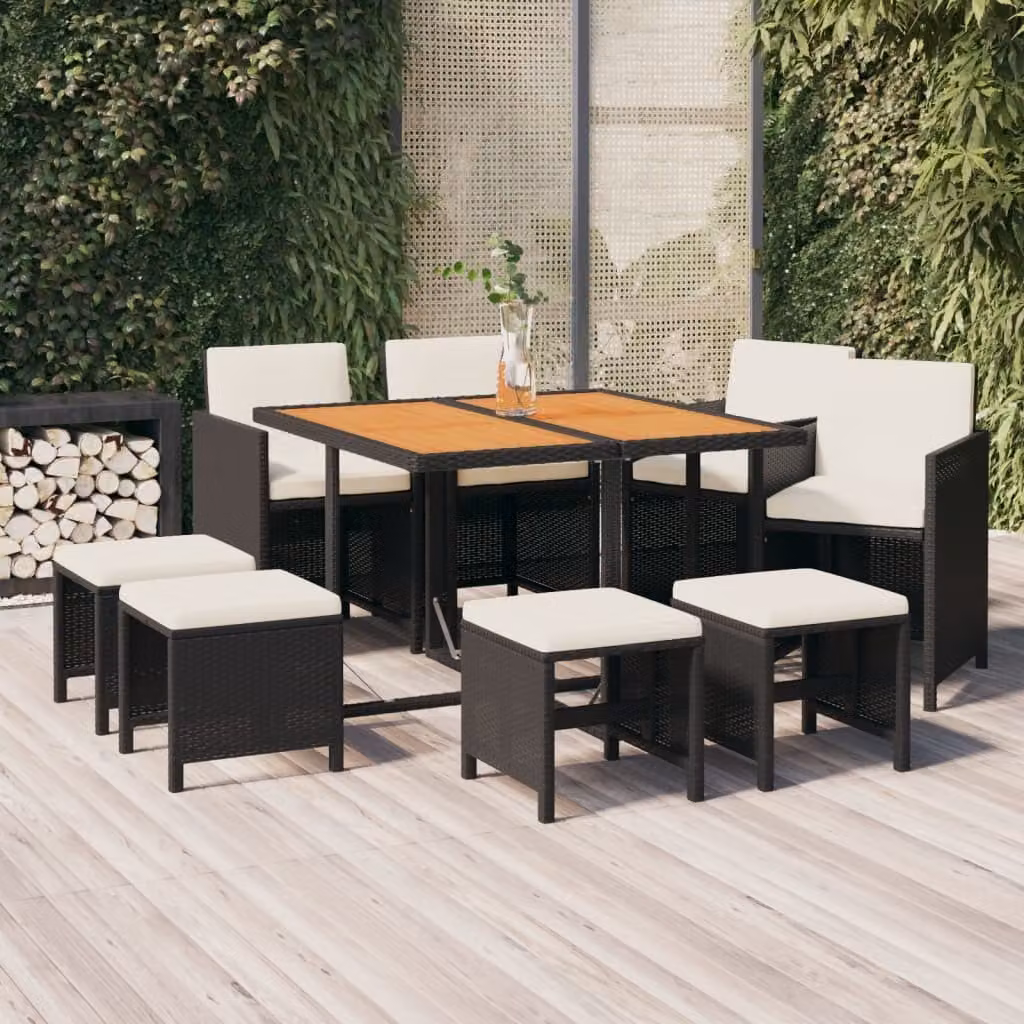 The Living Store Set da pranzo da giardino 9 pezzi con cuscini in poly rattan nero