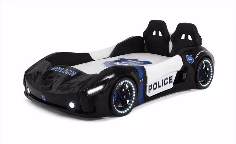 Letto a forma di auto da corsa della polizia, con illuminazione LED, colore nero