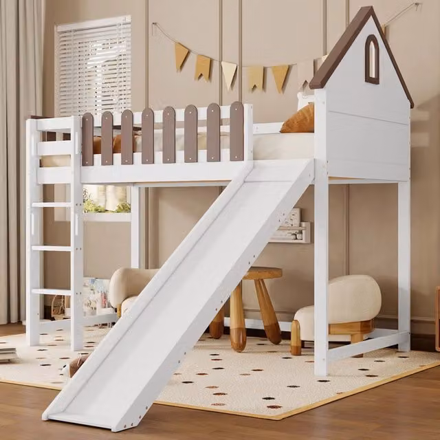 Letto a soppalco per bambini 90×200 cm con tetto, scivolo e scala a 3 gradini, senza materasso, bianco noce
