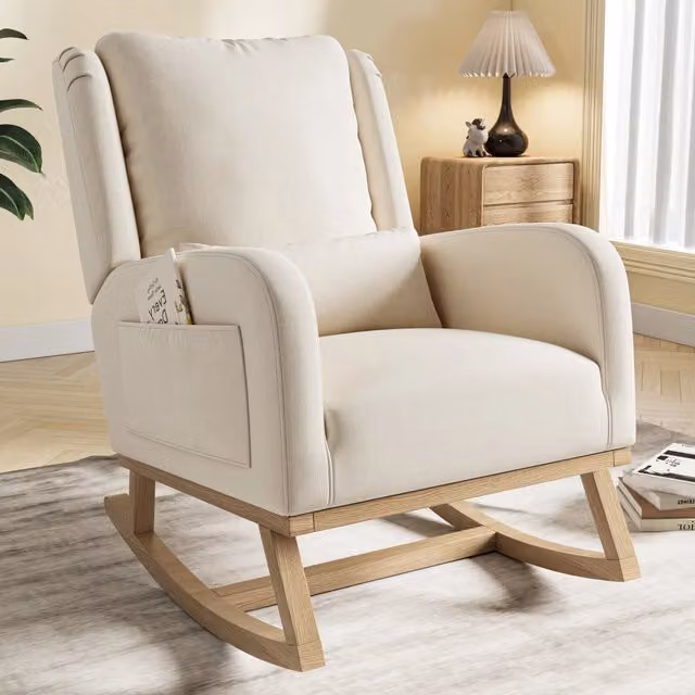 Sedia a Dondolo con Schienale Alto e Braccioli; Poltrona Relax in Lino; Gamba in Legno Massello; Sedia di Lettura per Soggiorno; Beige