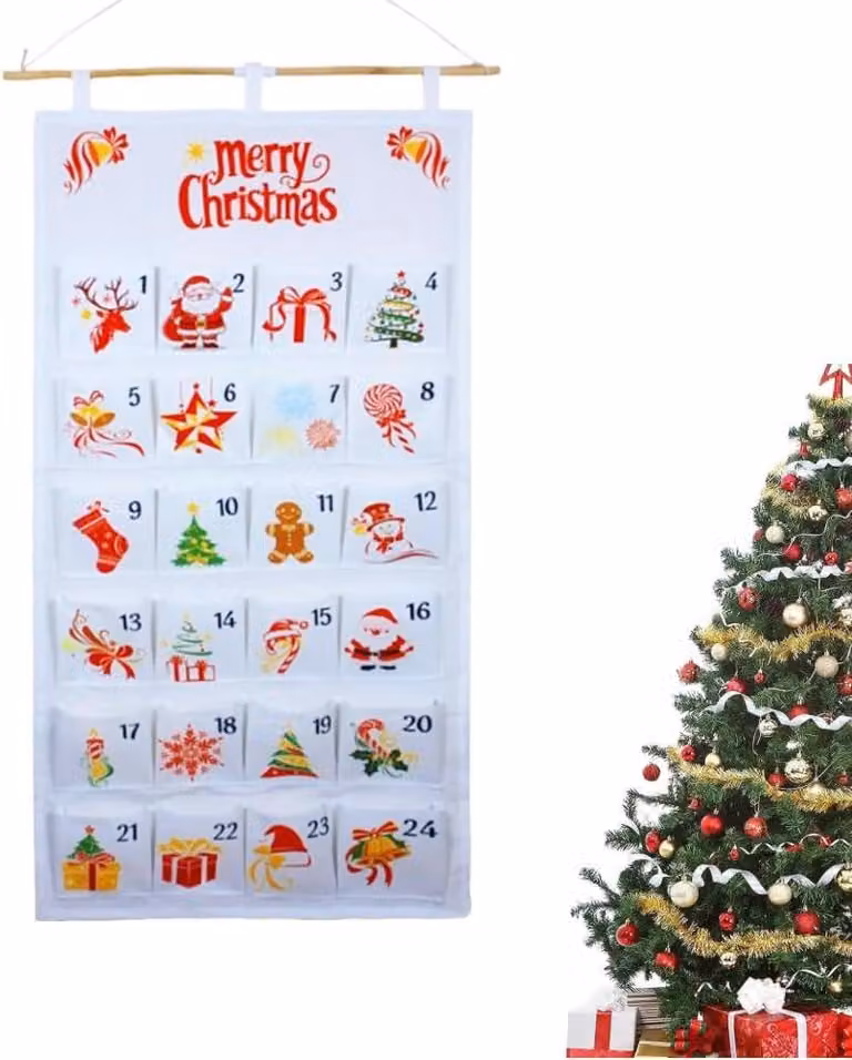 Calendario dell'Avvento in tessuto, con 24 sacchetti di stoffa, riutilizzabili, da riempire, calendario di Natale